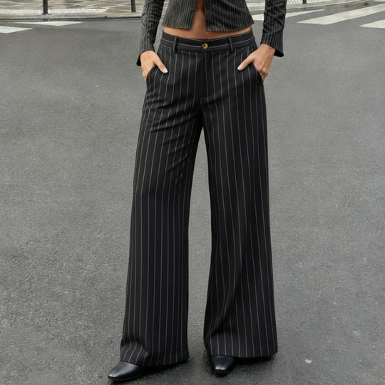 Damen nan taillierte Nadelstreifen Palazzo-Hose mit hohem Bund, Bügelfalte und weitem Bein Shop Nory
