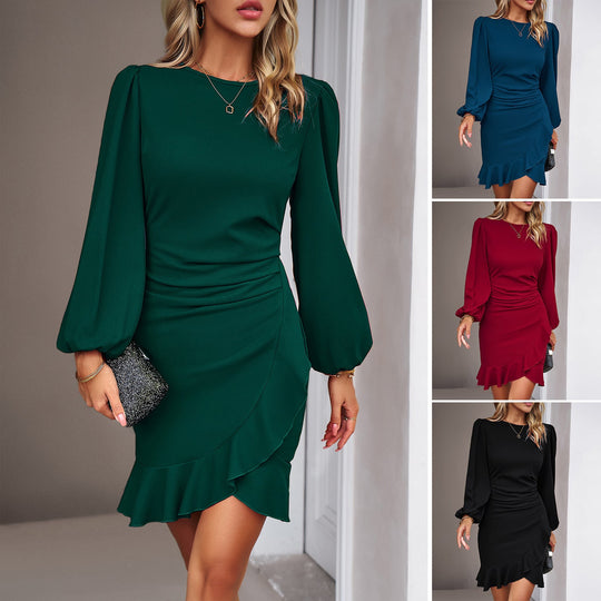 Damen Elegantes Wickelkleid mit Rüschendetails und langen Ärmeln