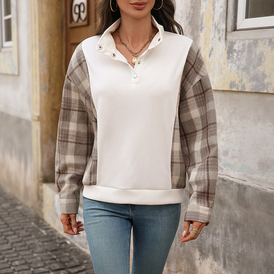 Damen Sweatshirt mit Stehkragen, Druckknopfleiste und karierten Flanellärmeln Shop Nory