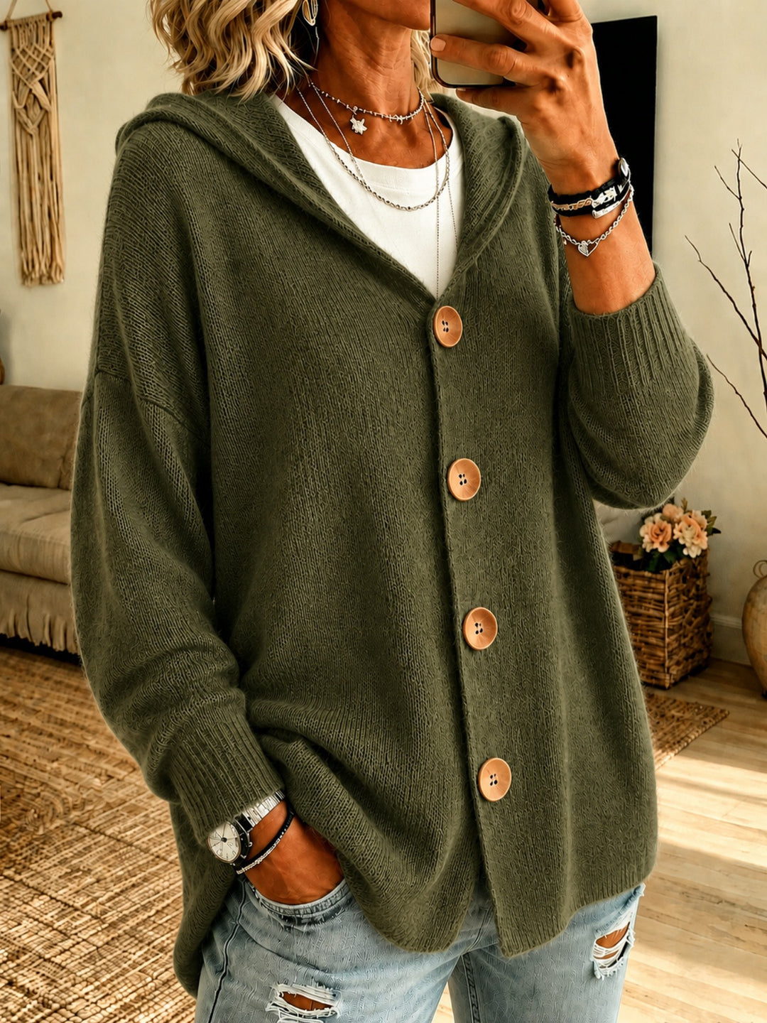 Damen Kapuzen-Cardigan Oversize mit Holzknöpfen und Rippbündchen Shop Nory