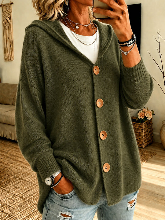 Damen Kapuzen-Cardigan Oversize mit Holzknöpfen und Rippbündchen Shop Nory