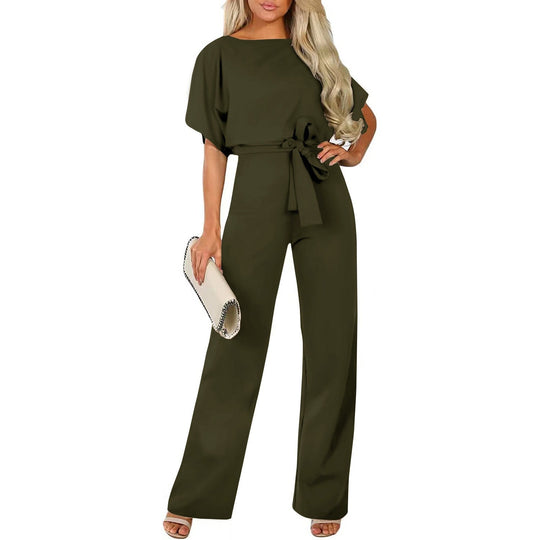 Damen langer Jumpsuit mit innovativem Bindegürtel und angeschnittenen Ärmeln