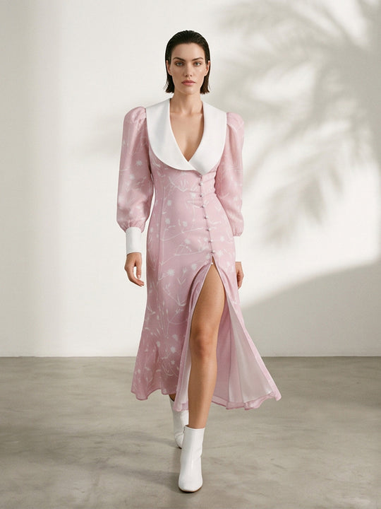 Damen Midikleid mit tiefem Schalkragen, Puffärmeln und seitlichem Schlitz Shop Nory