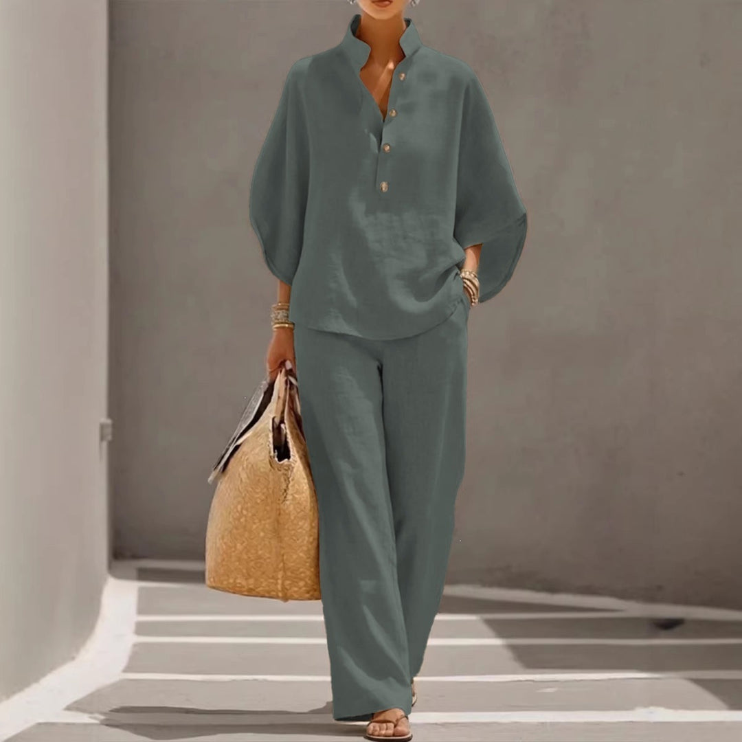 Damen Lockeres Leinenoptik-Zweiteiler mit Stehkragenbluse und weitem Palazzo-Hose Shop Nory