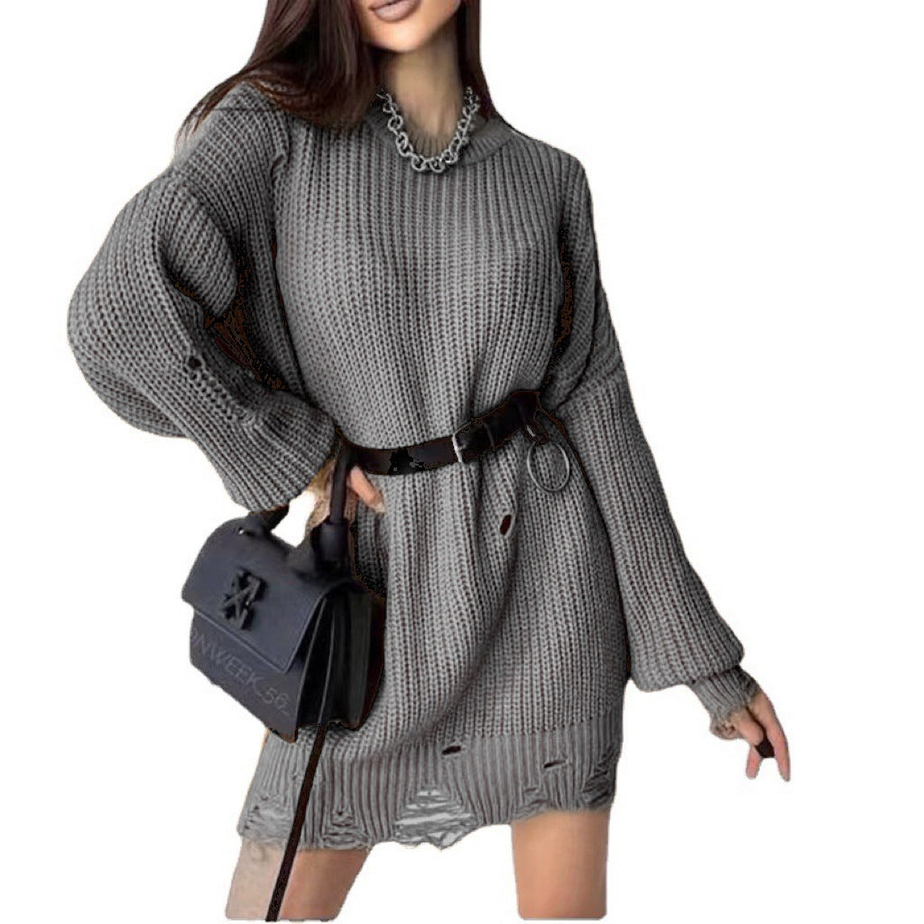 Damen Oversize Grobstrick-Minikleid mit Destroy-Effekt und Rundhalsausschnitt Shop Nory