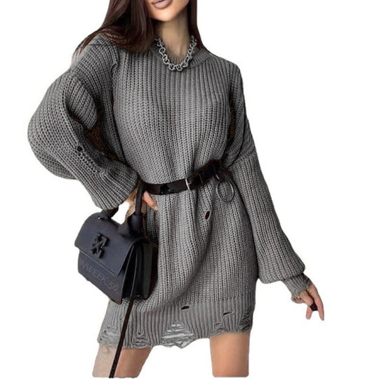 Damen Oversize Grobstrick-Minikleid mit Destroy-Effekt und Rundhalsausschnitt Shop Nory