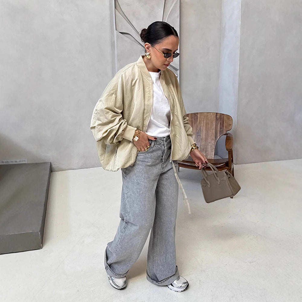 Damen Oversize Bomberjacke mit Tunnelzug, gerippten Bündchen und leichtem Nylon-Finish Shop Nory