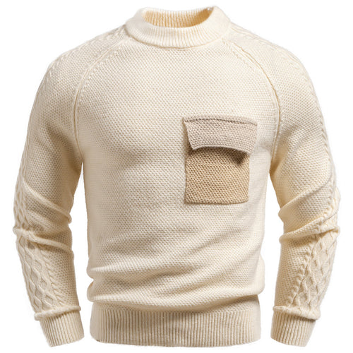 Herren Pullover aus Strukturstrick mit Rundhals, aufgesetzter Brusttasche und Zopfmuster-Ärmeln Shop Nory