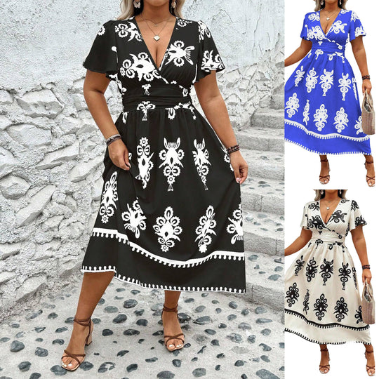 Damen Wickel-Midikleid mit taillierter Drapierung und dekorativem Bordürenprint Shop Nory