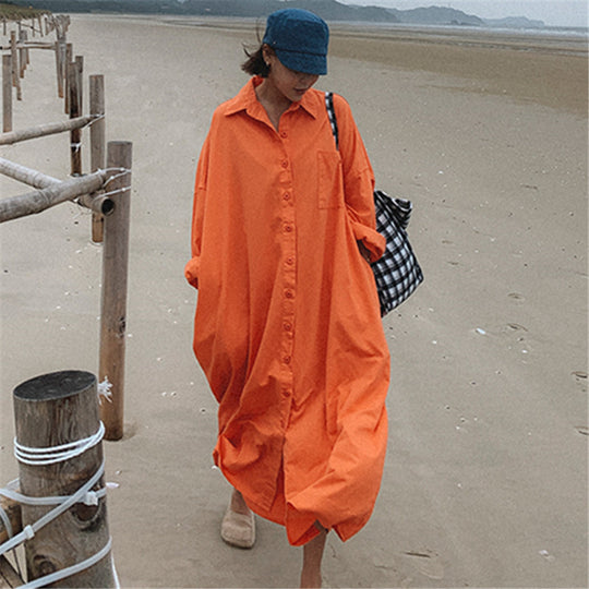 Damen Oversize-Hemdmaxikleid mit durchgehender Knopfleiste und weitem Fall Shop Nory