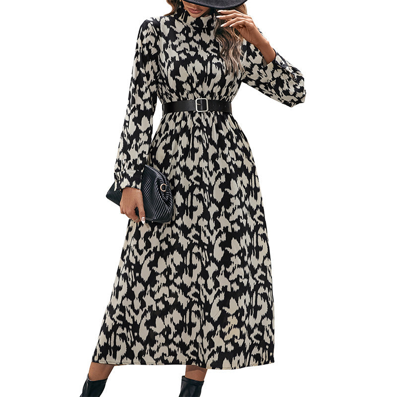 Damen Midikleid mit animalinspiriertem Print, Stehkragen und taillierendem Gürtel Shop Nory