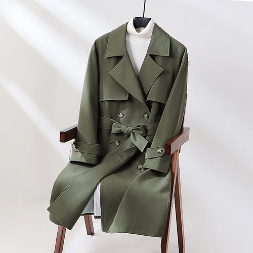 Damen Langer taillierter Trenchcoat mit weitem Schalkragen und Bindegürtel Shop Nory