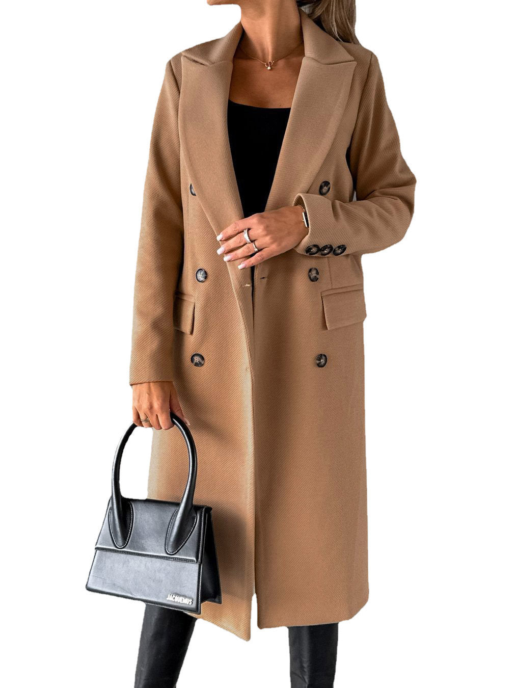 Damen klassischer langer Doppelreiher Mantel mit Reverskragen und Pattentaschen Shop Nory