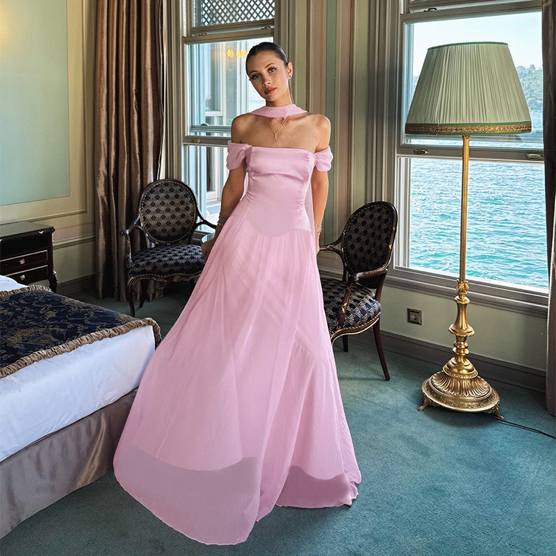 Damen Elegantes Abendkleid mit schulterfreien Puffärmeln und Choker