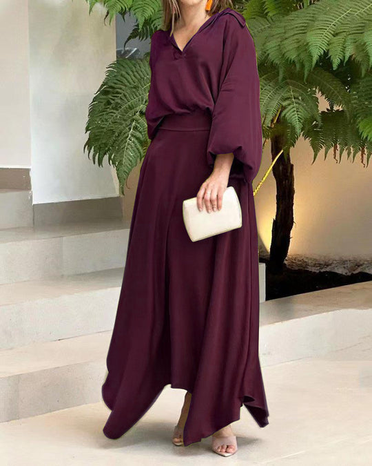 Damen Elegantes Maxikleid mit Kapuzen‑V‑Ausschnitt, Ballonärmeln und fließendem Saum Shop Nory