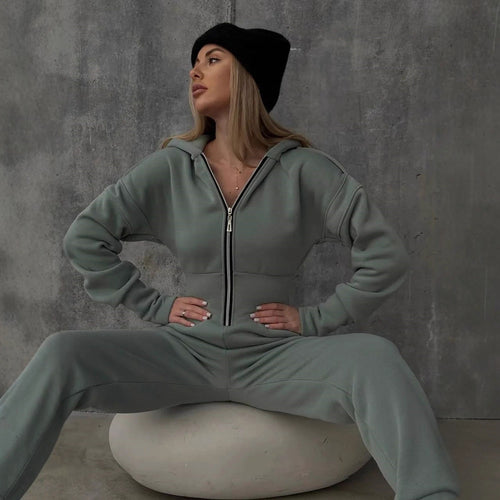 Damen Figurbetontes Kapuzen-Loungewear-Set mit tailliertem Zip-Hoodie und High-Waist Jogginghose Shop Nory