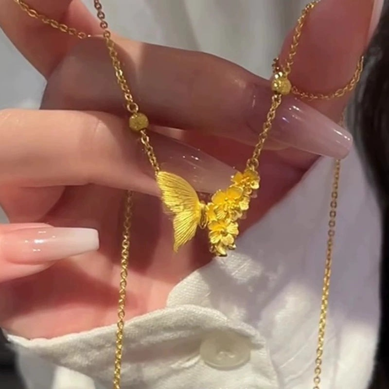 Damen Halskette mit kunstvollem Schmetterlings- und Blumenanhänger Shop Nory