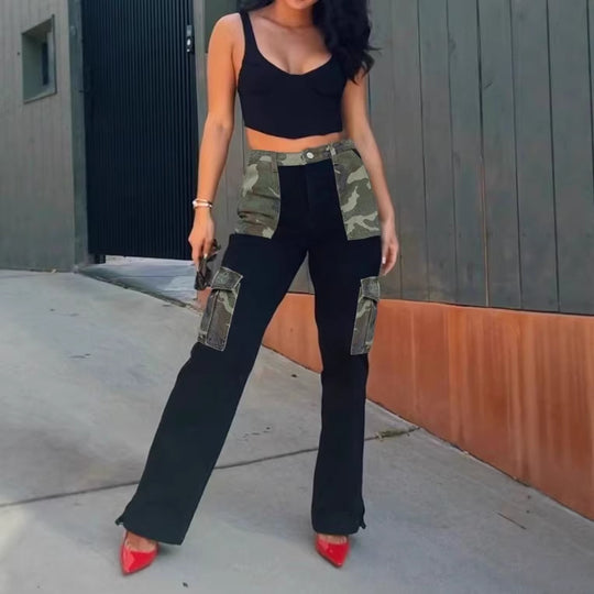 Damen High-Waist Utility-Jeans mit Camouflage-Paneelen und aufgesetzten Cargotaschen Shop Nory