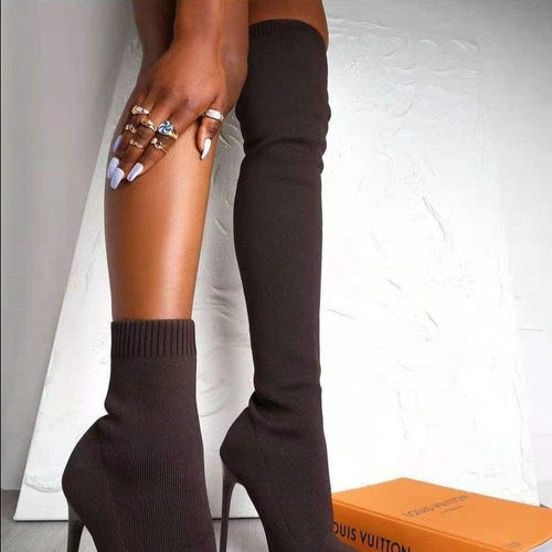 Damen Overknee Stiefel mit elegantem spitzem Absatz und modischem Strickdesign