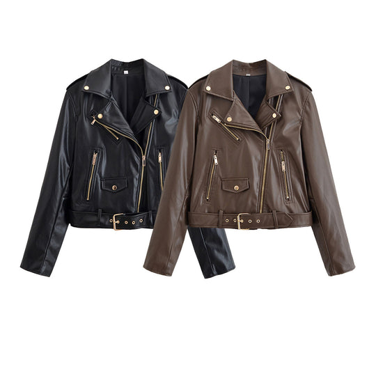 Damen Bikerjacke aus Lederimitat mit asymmetrischem Reißverschluss, Taillengürtel und goldfarbenen Details Shop Nory