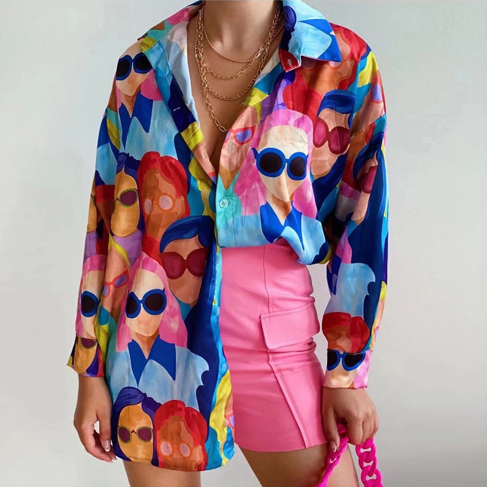 Damen Oversized Bluse mit buntem Grafikdruck