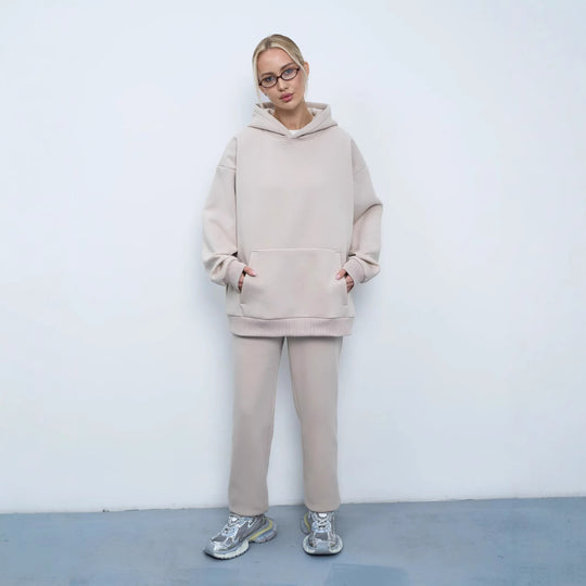 Damen lässiges Kapuzen-Sweatset aus schwerer Baumwollfleece mit Kängurutasche und gerader Jogginghose Shop Nory