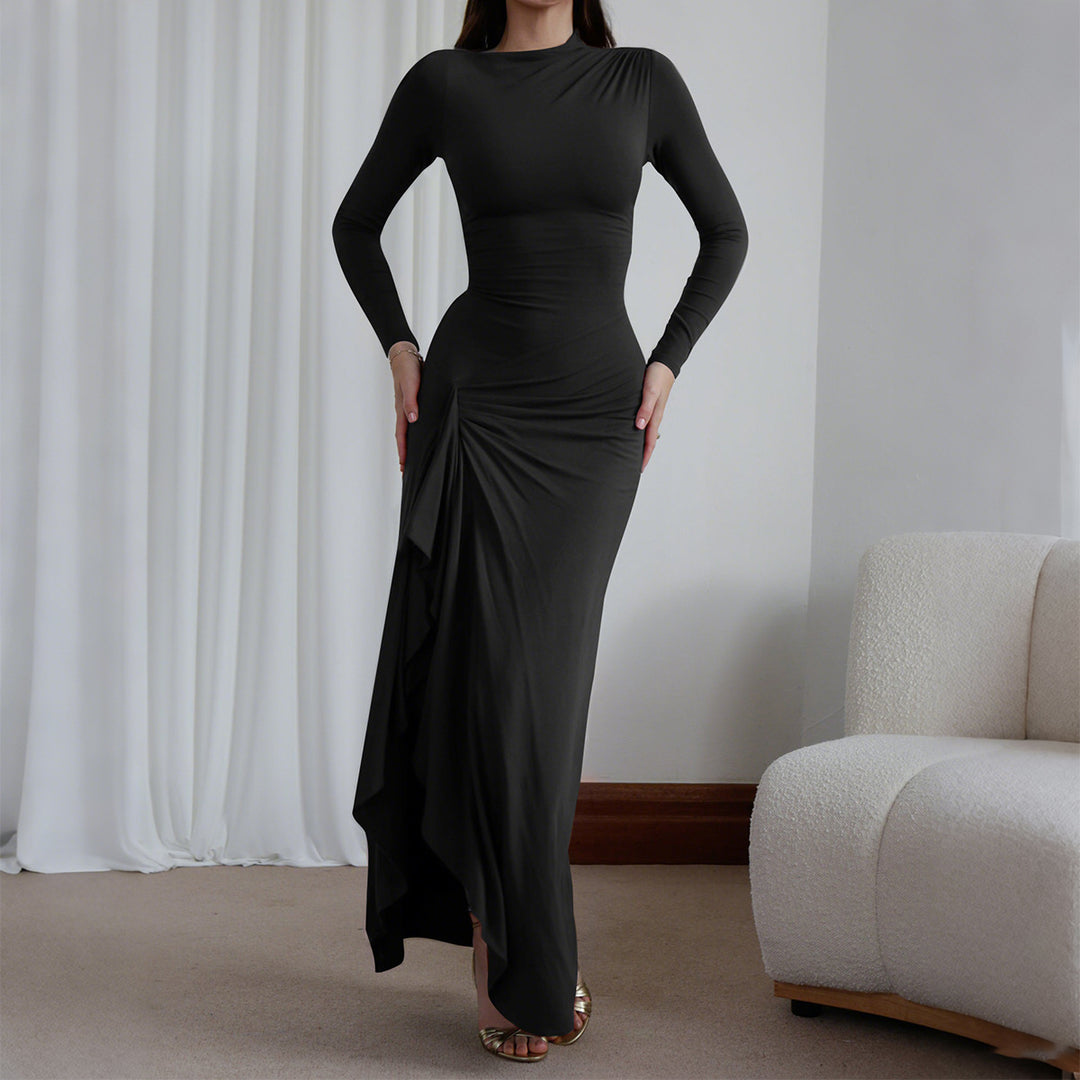 Damen nan gerafftes Maxikleid mit langen Ärmeln, taillierender Stretch-Passform und seitlichem Volant-Detail Shop Nory