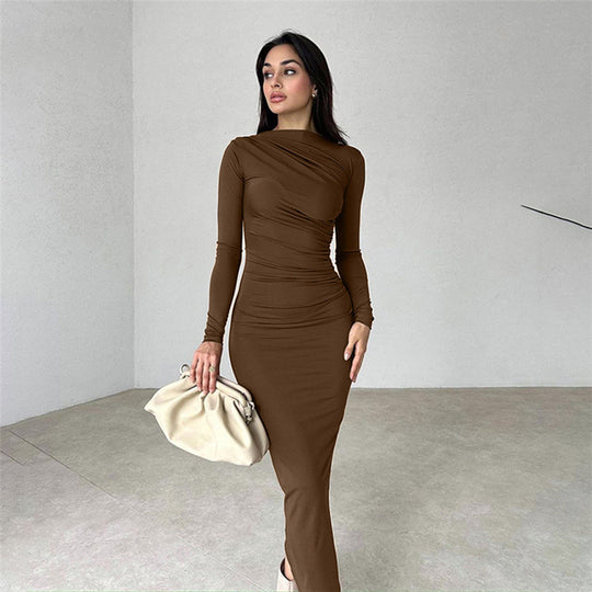 Damen figurbetontes Maxikleid mit hohem Kragen und seitlicher Raffung Shop Nory