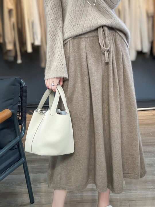 Damen Midilanger Kaschmir‑Optik Strickrock mit Falten und Kordelbund Shop Nory