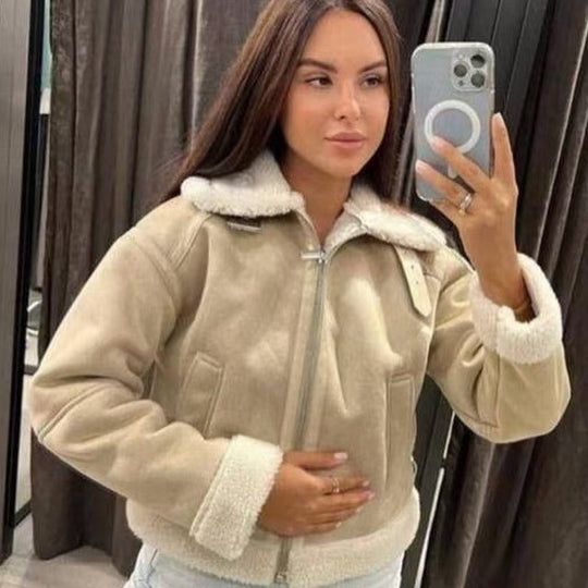 Damen Hochgeschnittene Pilotjacke aus veganer Lederoptik mit Teddyfutter und Reißverschluss Shop Nory
