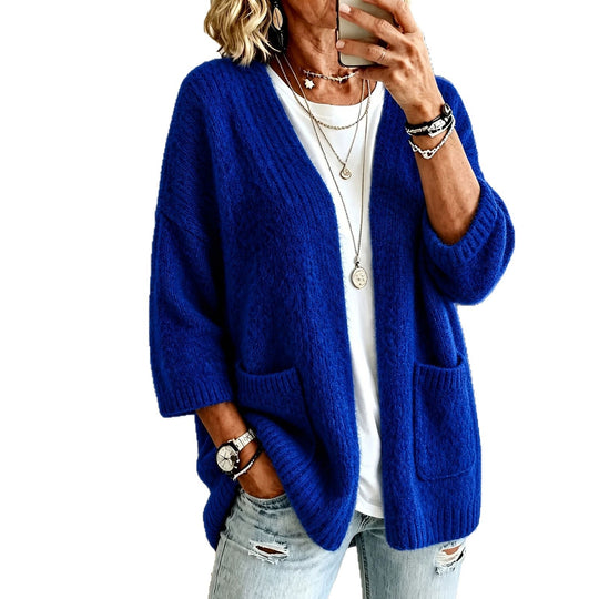 Damen Offener Longcardigan im Mohair-Look mit aufgesetzten Taschen und überschnittener Schulter Shop Nory