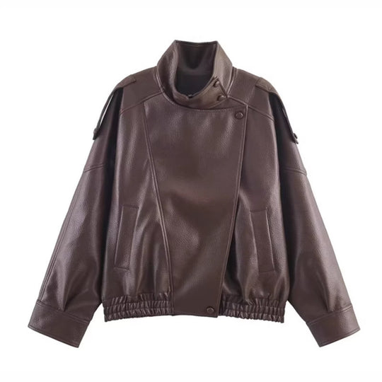 Damen Modische Lederjacke mit hohem Kragen