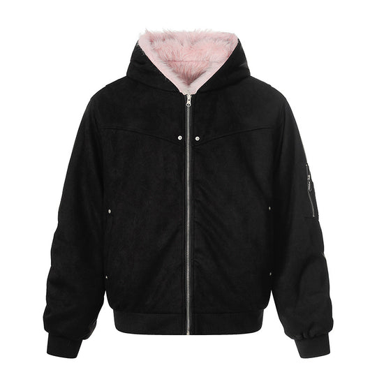 Damen Gepolsterte Kapuzen-Bomberjacke mit Kunstfellfutter, Velours-Außenmaterial und Reißverschluss Shop Nory