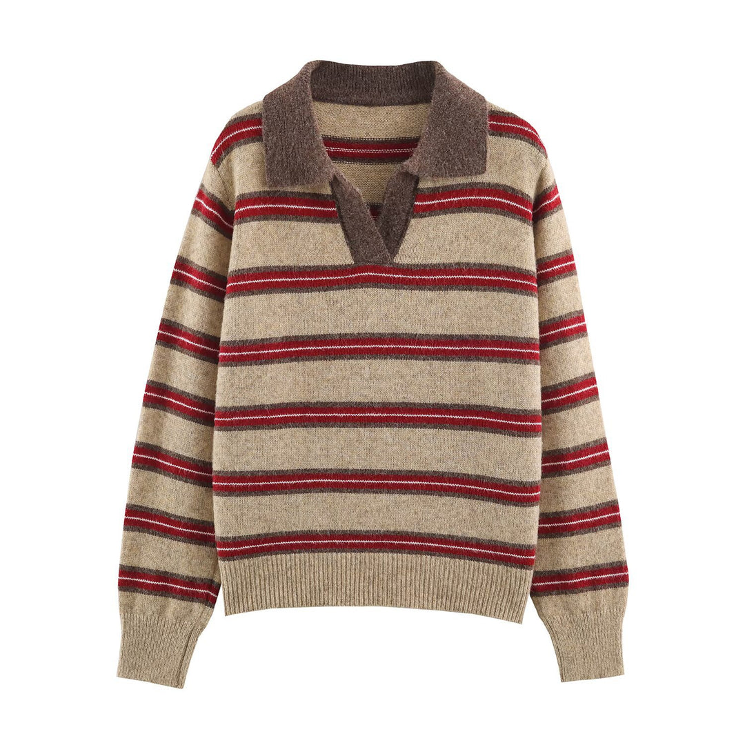 Damen Gestreifter Oversize-Pullover mit Polokragen und V-Ausschnitt Shop Nory