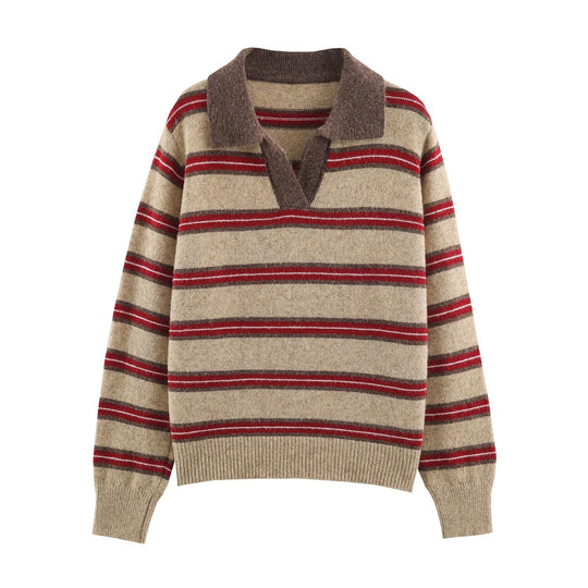 Damen Gestreifter Oversize-Pullover mit Polokragen und V-Ausschnitt Shop Nory