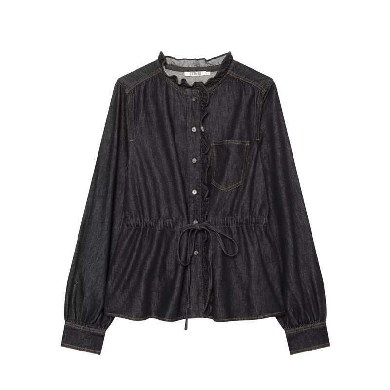 Damen taillierte Blusenjacke in Jeansoptik mit Rüschenkragen und Tunnelzug Shop Nory