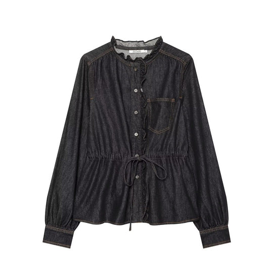 Damen taillierte Blusenjacke in Jeansoptik mit Rüschenkragen und Tunnelzug Shop Nory