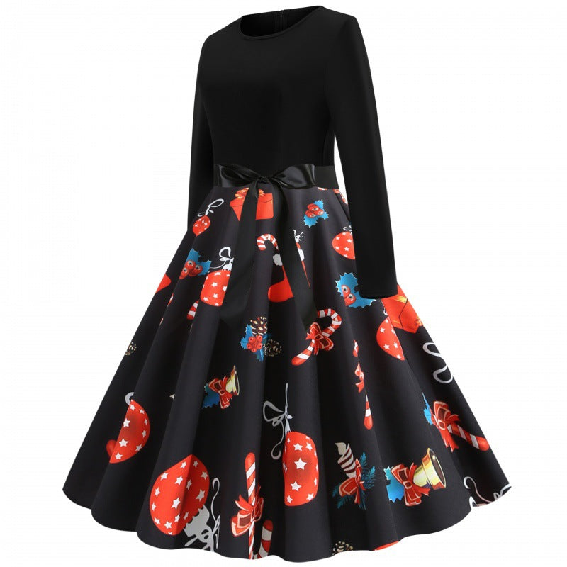 Damen Retro Swingkleid mit Jersey‑Oberteil, taillierter Satin‑Schärpe und festlichem Print Shop Nory