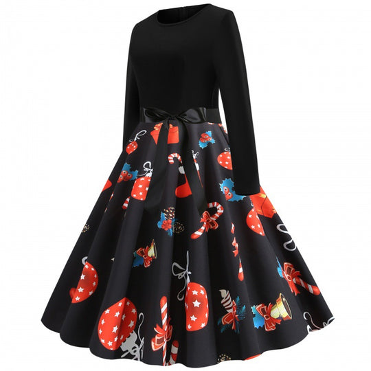 Damen Retro Swingkleid mit Jersey‑Oberteil, taillierter Satin‑Schärpe und festlichem Print Shop Nory