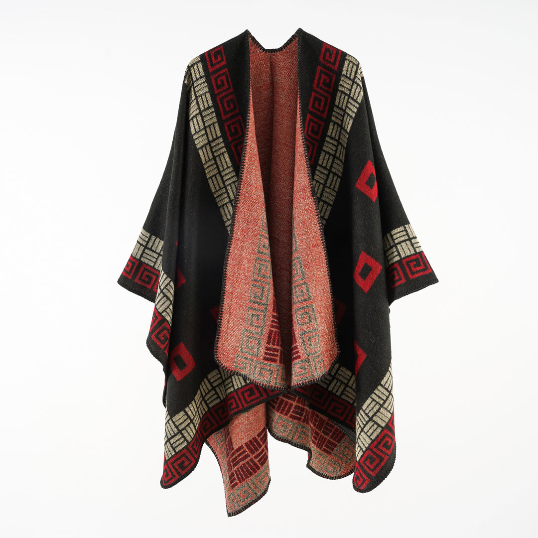Damen Kastiger Wollmix-Ruana mit kontrastiertem Innenfutter und grafischem Jacquard Shop Nory