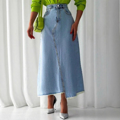 Damen Hochtaillierter Maxi-Denimrock mit asymmetrischer Vordernaht und fransigem Saum Shop Nory