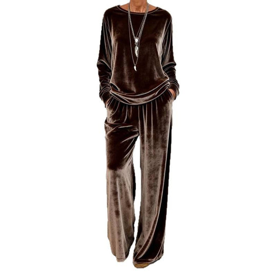 Damen Samt-Loungewear-Set mit weitem Bein, elastischem Bund und Rundhalsausschnitt Shop Nory