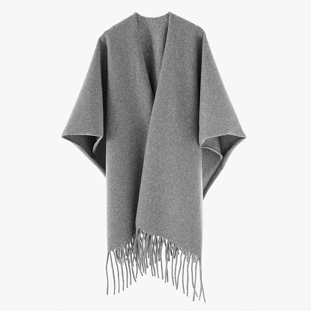Damen Minimalistischer Wollcape-Überwurf mit Fransensaum und offenem Fall Shop Nory