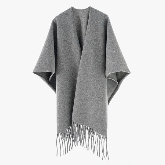Damen Minimalistischer Wollcape-Überwurf mit Fransensaum und offenem Fall Shop Nory