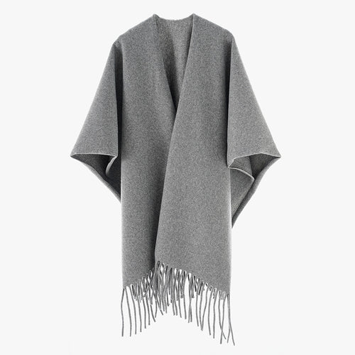 Damen Minimalistischer Wollcape-Überwurf mit Fransensaum und offenem Fall Shop Nory