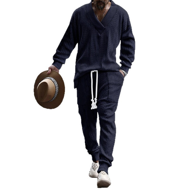 Herren Strukturiertes Strick-Lounge-Set mit tiefem V-Ausschnitt und Kordelzughose Shop Nory
