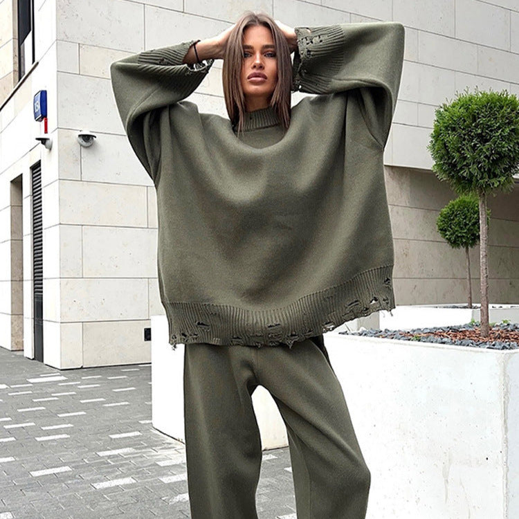 Damen Oversize-Strickset aus Feinstrick mit Destroyed-Saum, weitem Pullover und legerer Schlupfhose Shop Nory