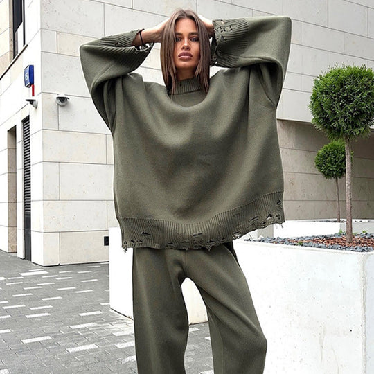 Damen Oversize-Strickset aus Feinstrick mit Destroyed-Saum, weitem Pullover und legerer Schlupfhose Shop Nory