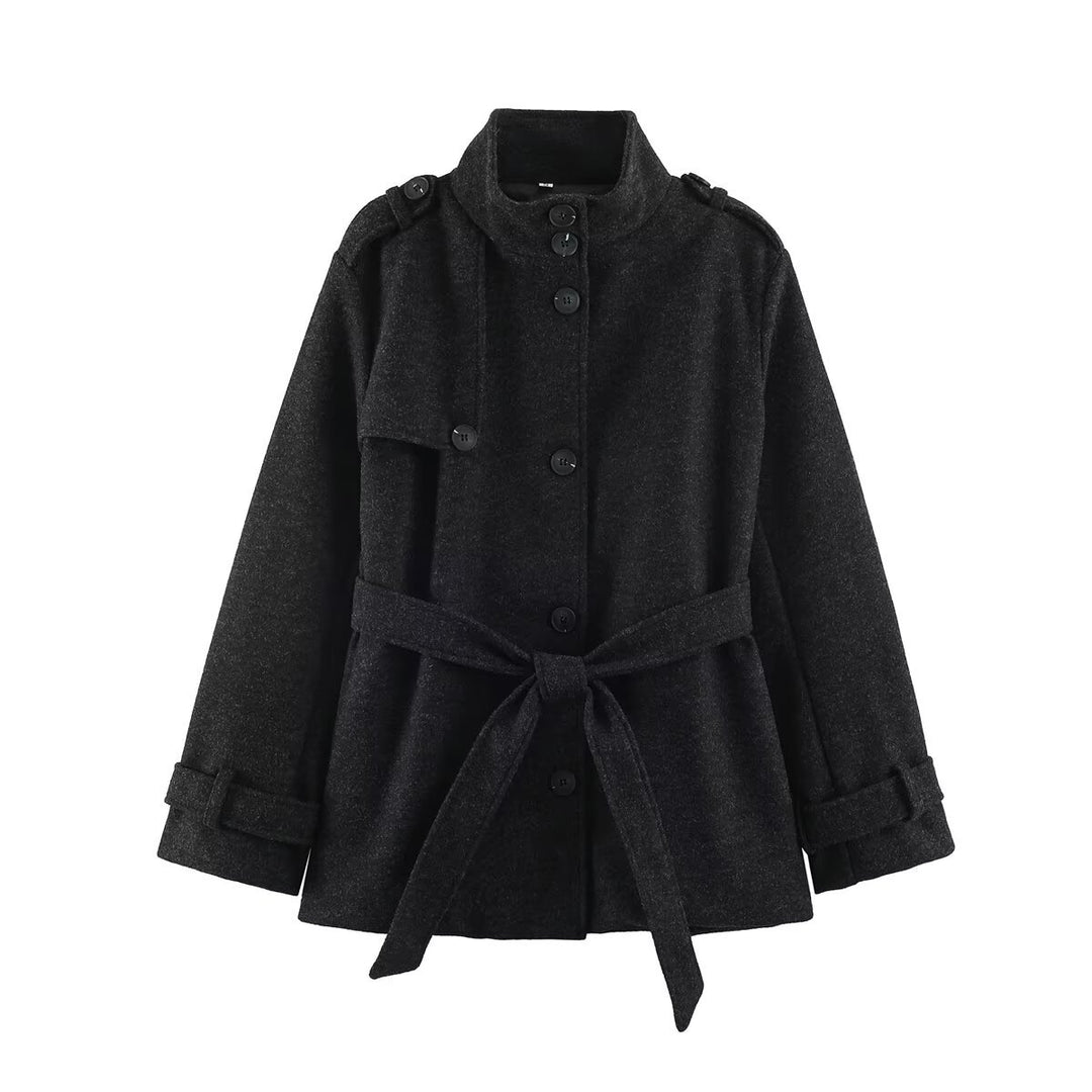 Damen Kurz‑Trenchcoat aus Wollmix mit Stehkragen, Epauletten und Bindegürtel Shop Nory