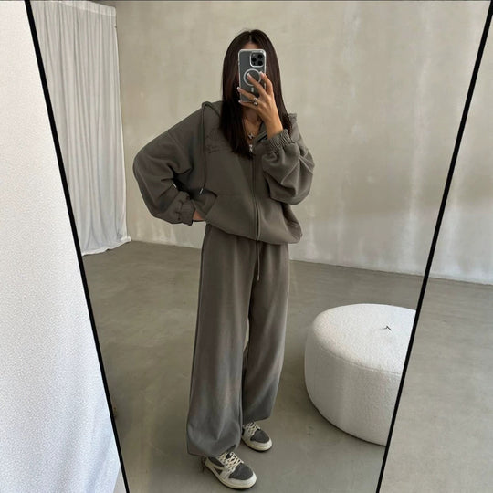 Damen Weiches Oversize-Kapuzen-Sweatjacken-Set mit weiter Jogginghose Shop Nory